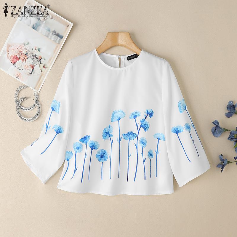 ZANZEA Женская повседневная свободная блузка с круглым вырезом и рукавами 3/4 с принтом