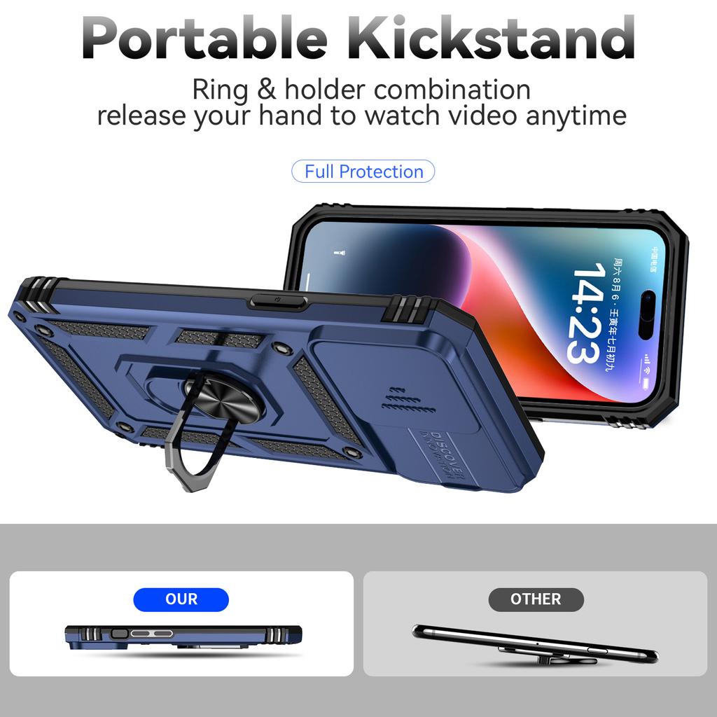 For iPhone 15 Pro Max Slide Camera Protector Phone Case Metal Ring Kickstand Anti-scratch PC+TPU Cover