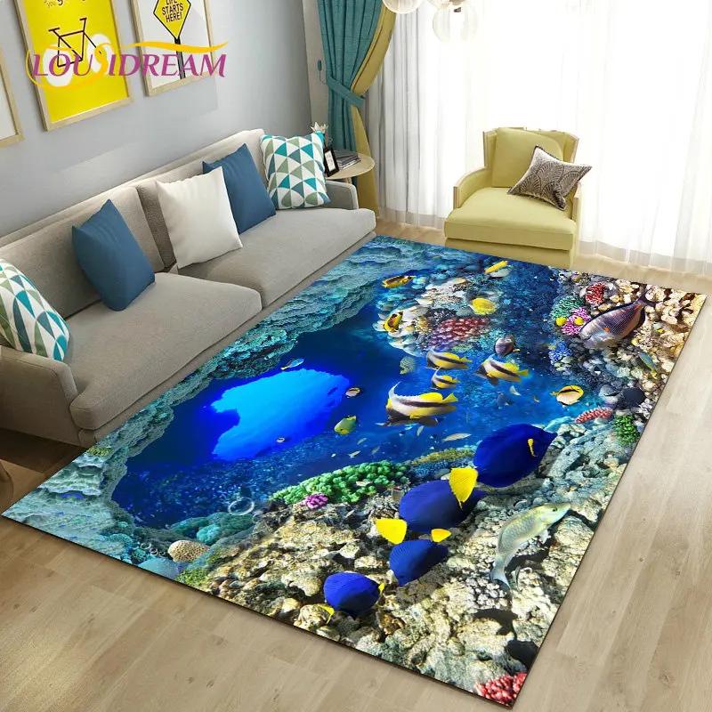 3D иллюзия морского дна, подводный мир, коврик с дельфином и акулой, ковер для гостиной, спальни, дивана, коврик, нескользящий напольный коврик