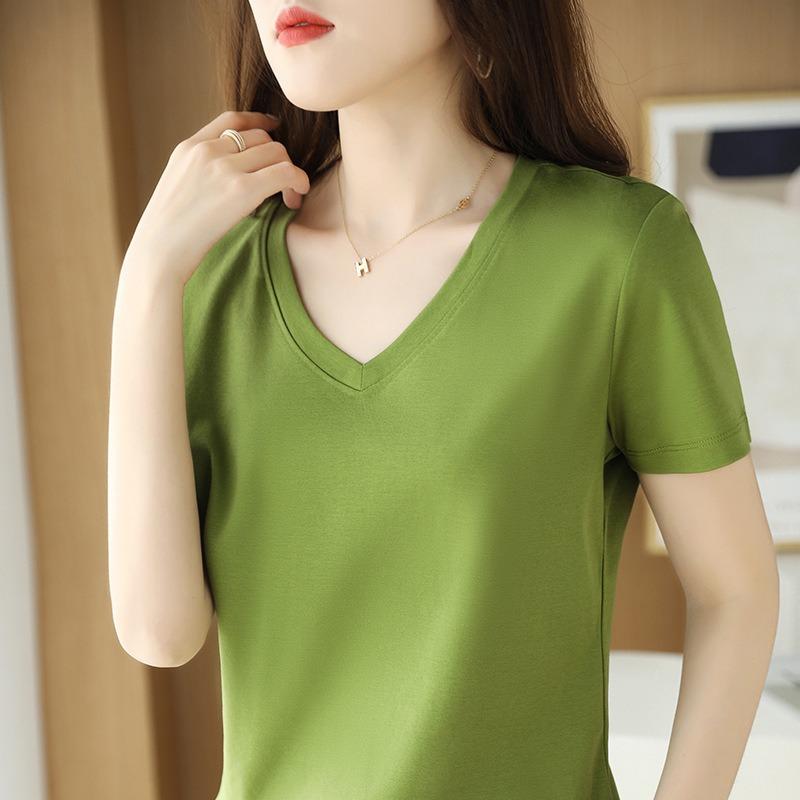 Summer New Mercerized Cotton Short-sleeved T-shirt V-neck Women's Heart-neck Top