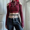 Gothic Punk Red Stripe Zipper Off Shoulder Long Sleeve Crop Tops Knitted Tees
