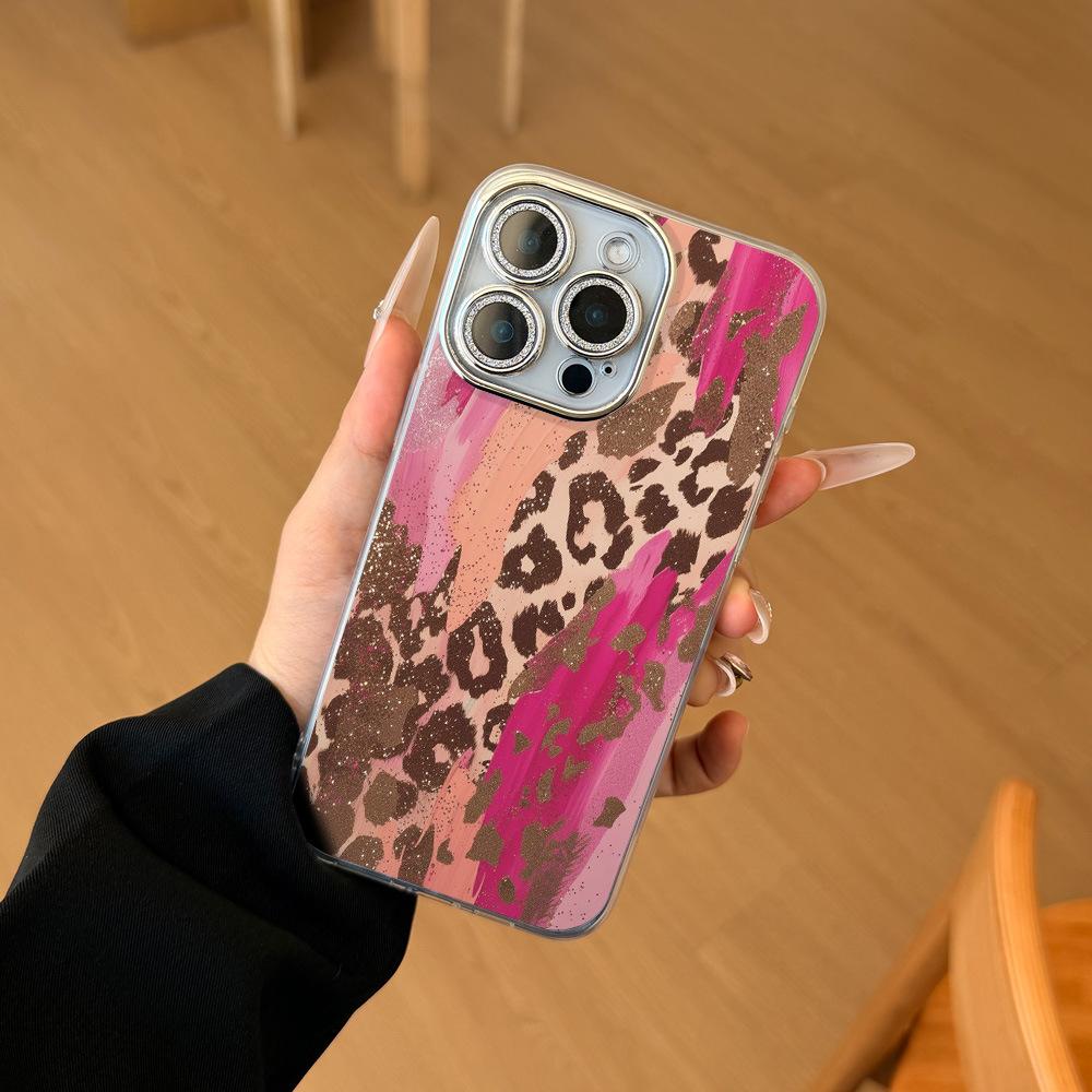 Rose Red Leopard Print Acrylic Compatible for 15/14 for 17 AIR Glitter Pink Lens Drop-Resistant Phone Case