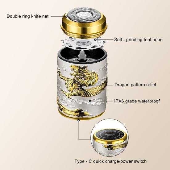 Мужская электробритва с резным китайским драконом IPX6 Водонепроницаемая Type-C перезаряжаемая мини-дорожная роторная бритва портативная