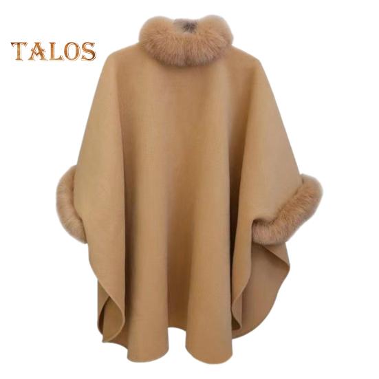 Женское зимнее пальто-накидка с рукавами «летучая мышь» Толстая шаль Свободный воротник-стойка Однотонный декор из искусственного меха Теплая повседневная одежда для работы и отдыха на открытом воздухе Пончо