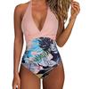 Women Sexy Monokini Halter Sleeveless One Piece Swimsuit Patchwork Color Backless Tummy Control High Waisted Bathing Suit