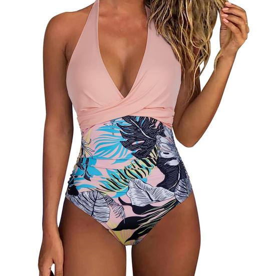 Women Sexy Monokini Halter Sleeveless One Piece Swimsuit Patchwork Color Backless Tummy Control High Waisted Bathing Suit