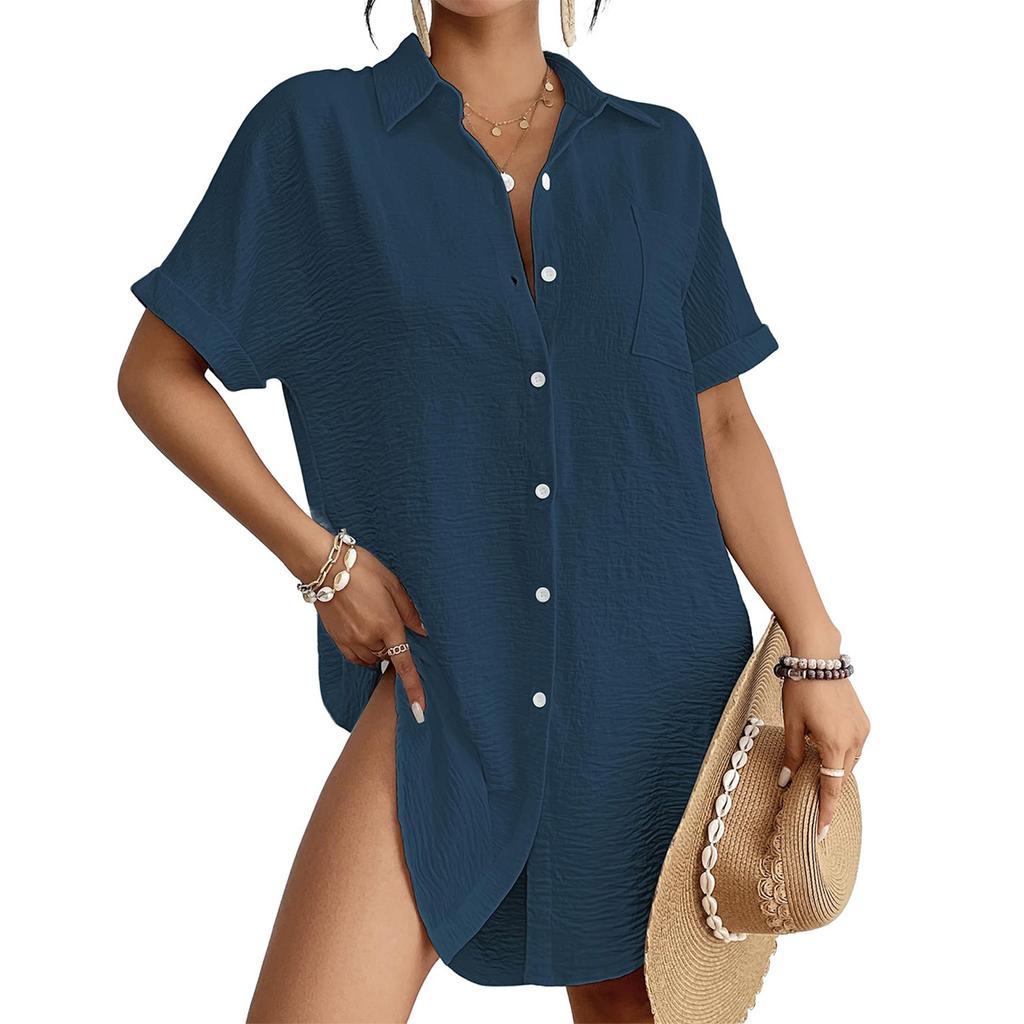 Women's Fashion Solid Color Collar Button Loose Pocket Short Sleeve Long Shirt Top