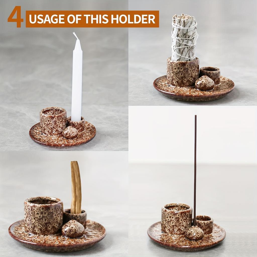 Ceramic Incense Holder 4-in-1 Ceramic Incense Burner Holder 1pc | Palo Santo & Sage Smudge Stand with Stick Candle Holder, Elegant Home Decor