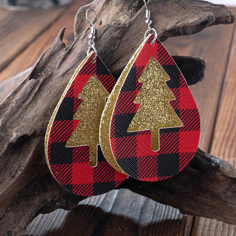 Dual-Layer Glitter Plaid & Hollow Christmas Tree Leather Earrings