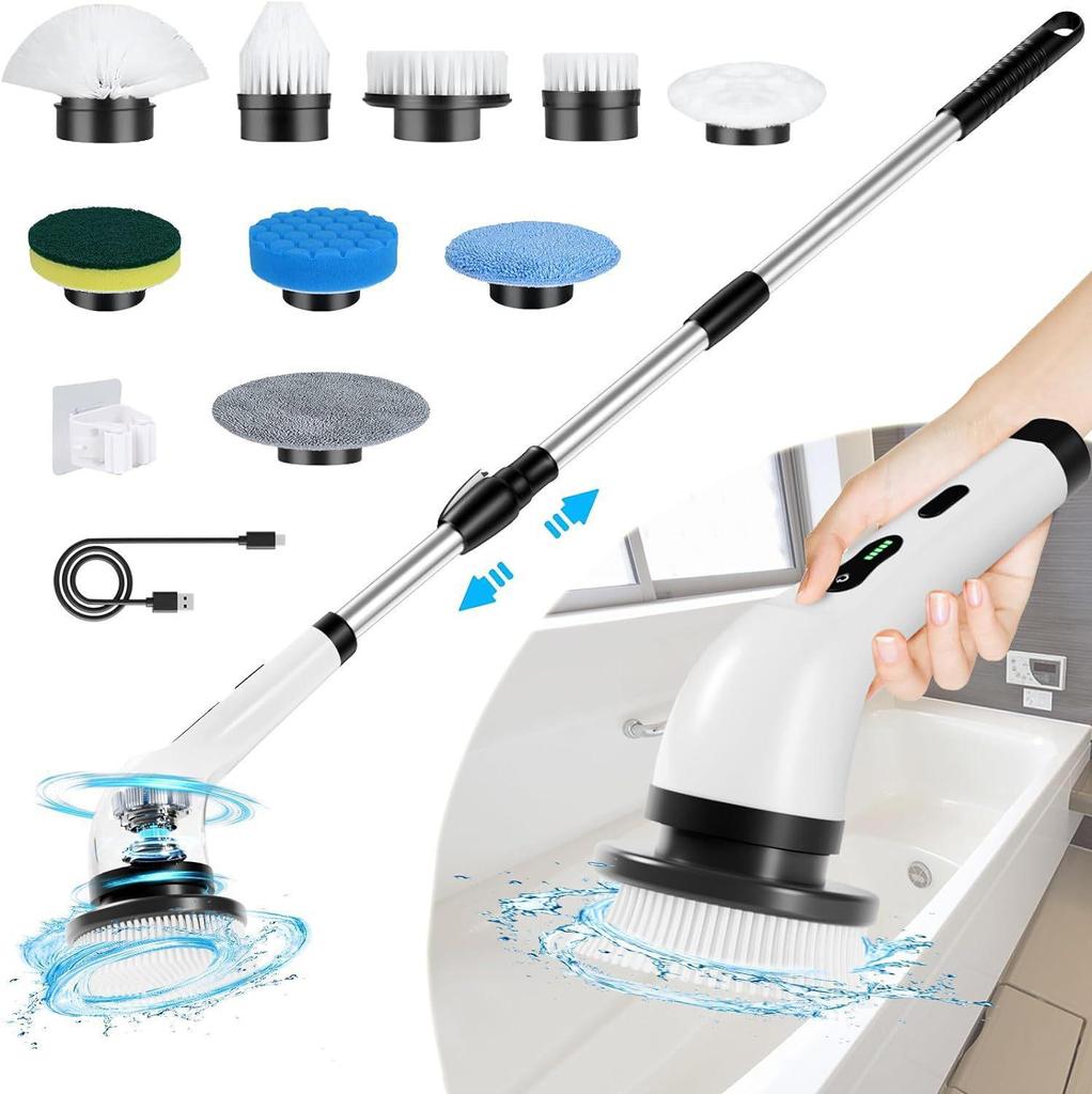 Cordless Electric Spin Scrubber with Long Handle and Crevice Brush for Kitchen and Bathroom