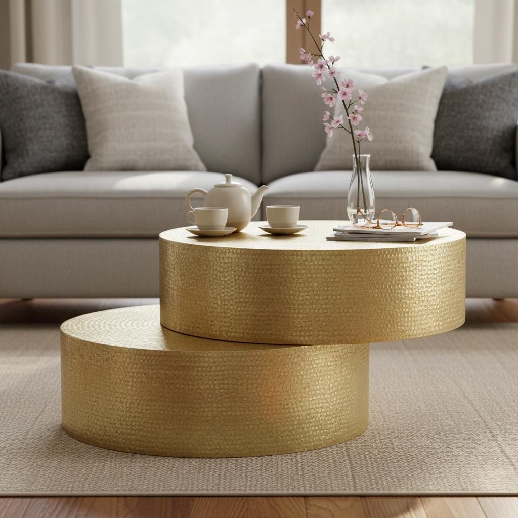 Wood Hammered Brass Round Coffee Table-Indian Side Table -Bedside Central Table | Modern Accent Tables | Luxury Decor Living Room Furniture