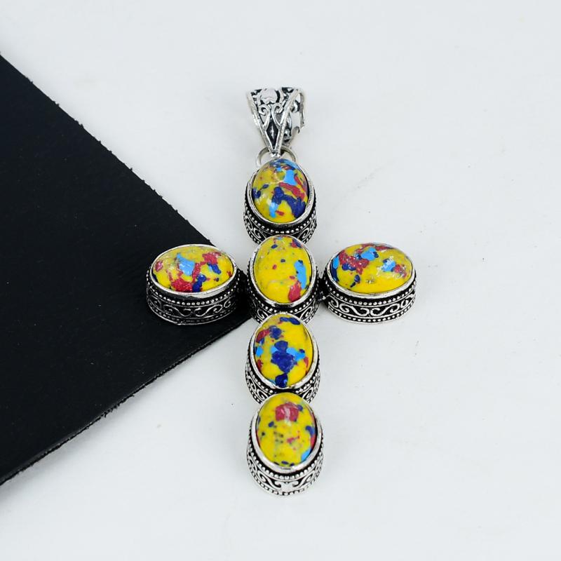 Кулон из мозаичной яшмы из стерлингового серебра 925 пробы - Ручная работа, Дизайн креста, Ювелирное украшение для повседневной носки, Уникальный кулон из мозаичной яшмы, Подарки на День отца