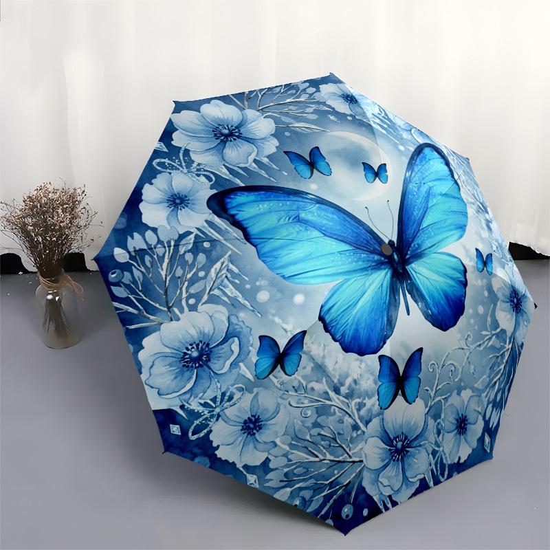 1pc Blue Butterfly Winter Flowers Umbrella with Plastic Handle,Compact & Stylish,Suitable for All Seasons YS331098