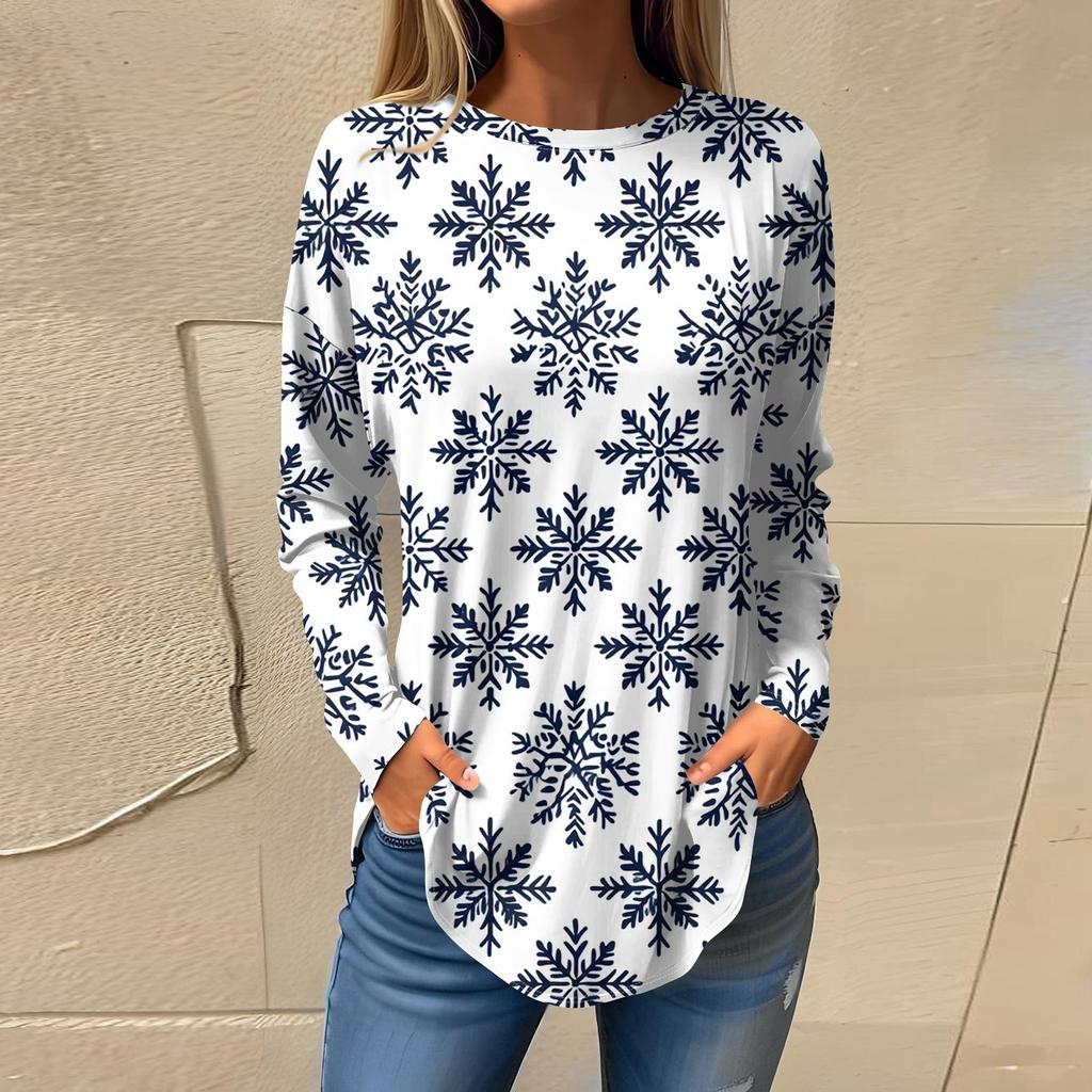 Футболки для женщин, повседневные рубашки с длинным рукавом, толстовка с винтажным графическим рождественским принтом, топ-пуловер