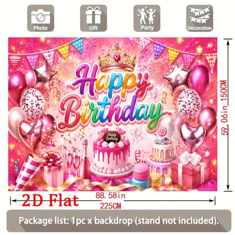 Birthday and Graduation Party Banner with Glittery Happy Birthday Sign, Layered Cake and Heart Balloons, Pink Confetti Bunting Backdrop for