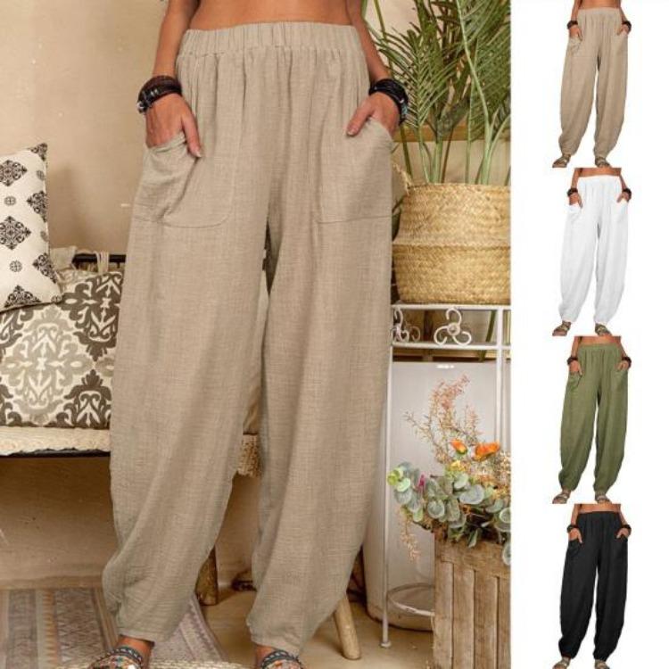 Harem Pants for Summer Beach Solid Color with Pockets Loose Fit Temperament