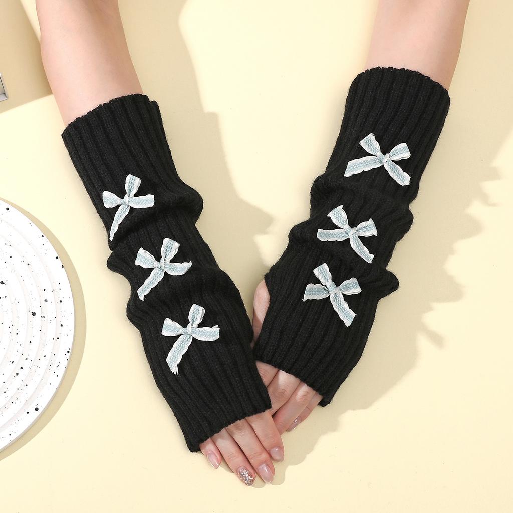 Bow Gloves for Women In Autumn and Winter Knitted Warm College Style Mid Length Stacked Sleeves Fingerless Arm Sleeves
