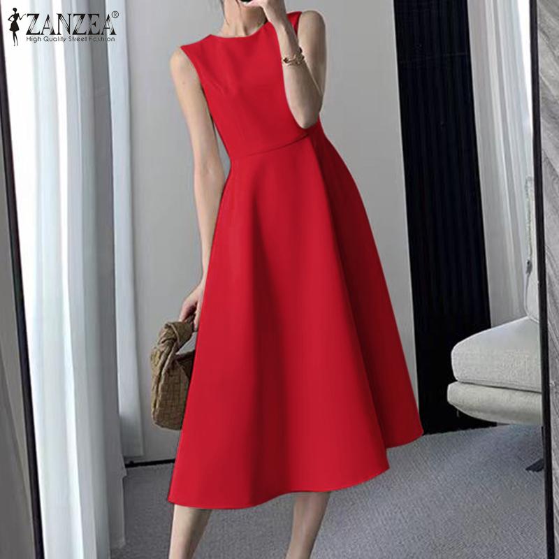 ZANZEA Women Summer Elegant Round Neck Sleeveless Solid Color Waist Dress