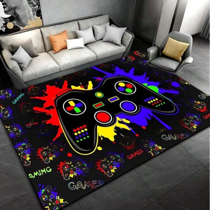 Color Splash Game Controller Gaming Rug Black Background Gamer Print Boys Playroom Carpet
