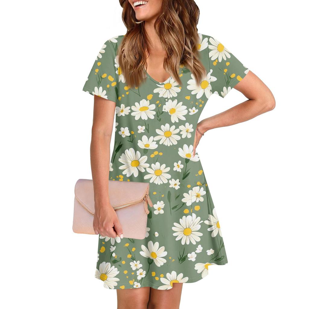 Женское повседневное и модное платье средней длины с V-образным вырезом и коротким рукавом с принтом