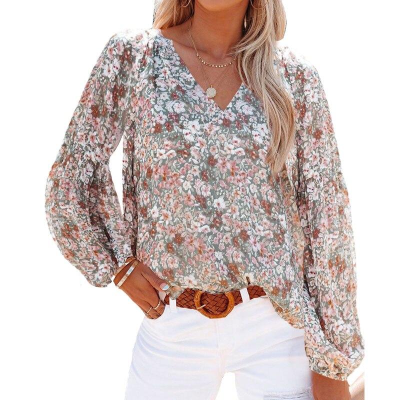 Floral Chiffon Shirt Women Vinatge Fashion Lantern Sleeve Print Blouses Tops 2022 V-neck Casual Flower Plus Size Blouse 19347