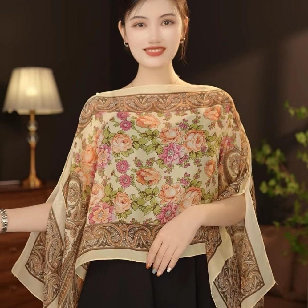 Long Length Sun Protection Shawl Flower Pattern Chiffon Scarf Breathable Shawl  Outdoor Activities