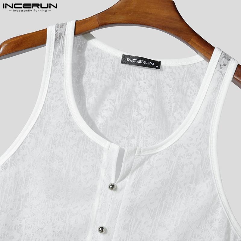 INCERUN Summer Men U Neck Sleeveless Buttons Lace Mesh Sheer Casual Tank Tops