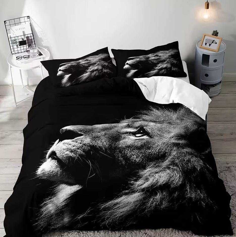3PCS Lion King & Queen Bedding Set African Safari Animal Black Bedding Comforter Cover Bedroom Decor for Couples Full Size