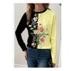 Women Fashon Polyester Comfortable T Shirts Sports Floral Contrast Color 3D Print Loose Round Neck Long Sleeve T-shirt Top