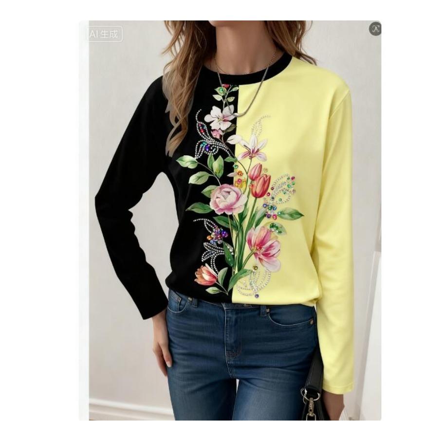 Women Fashon Polyester Comfortable T Shirts Sports Floral Contrast Color 3D Print Loose Round Neck Long Sleeve T-shirt Top