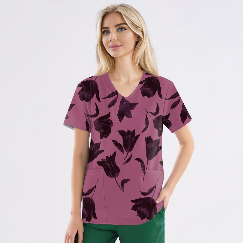 Рабочая форма больших размеров с принтом, топы для женщин, забавные футболки с v-образным вырезом и короткими рукавами, рабочая одежда, футболка с карманами