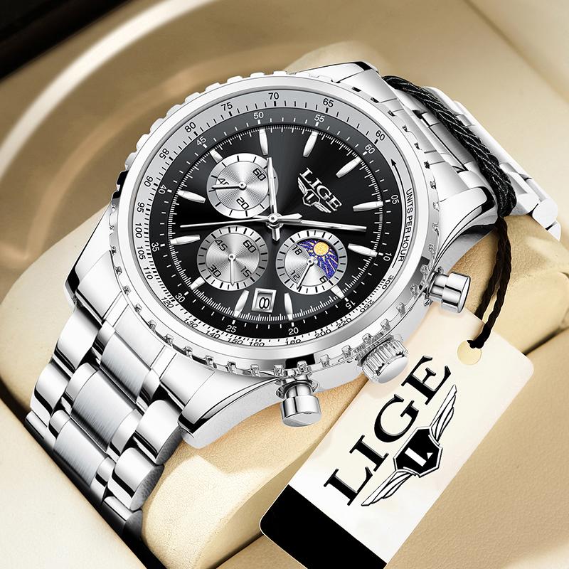 LIGE Luxury Classic Quartz Man Watch Fashion 24H Moon Phase Steel Band Casual Sports Waterproof Luminous Auto Date Men's Watches