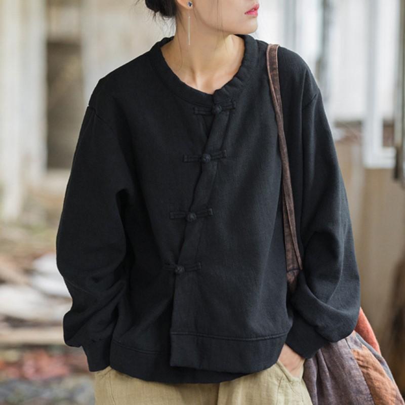 Johnature Women Chinese Style O-Neck Long Sleeve Warm Cloths Winter Solid Color Loose Tops