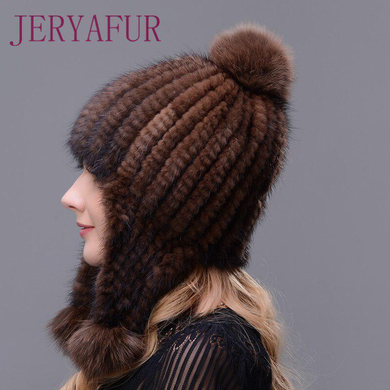 JERYAFUR Шапка с кисточками и помпоном из натурального меха