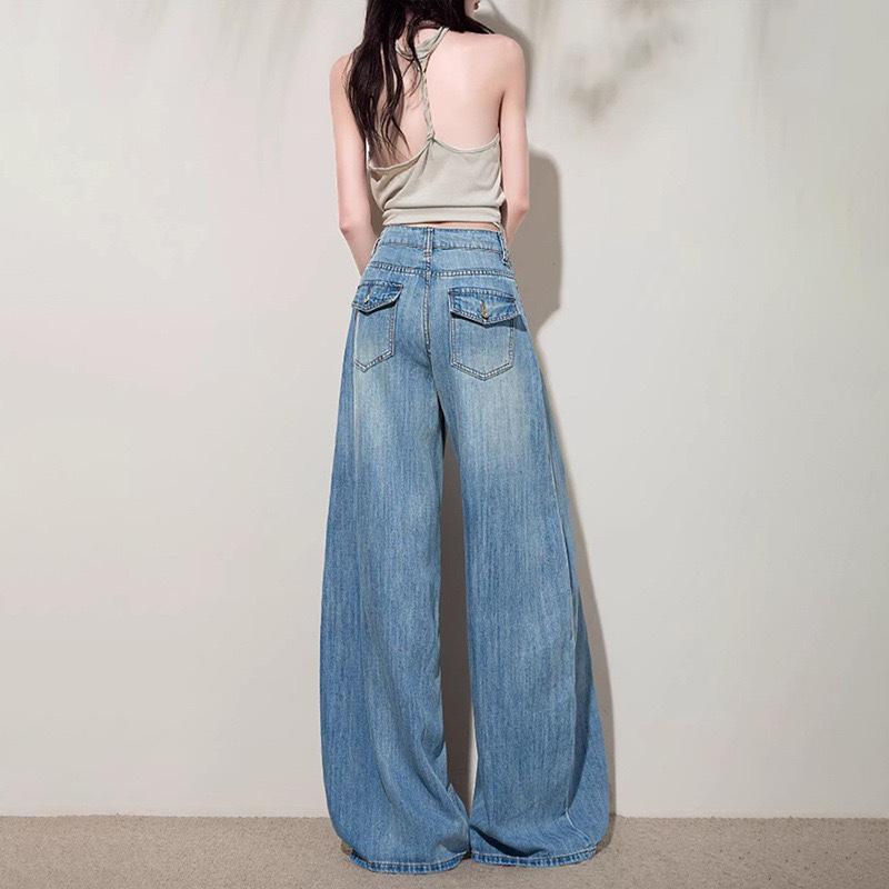 Синие Джинсы Wide Leg Lysel Tencel с Высокой Талией Женские Новый Стиль Стройнящие Свободная Посадка Прямой Крой Джинсовые Брюки