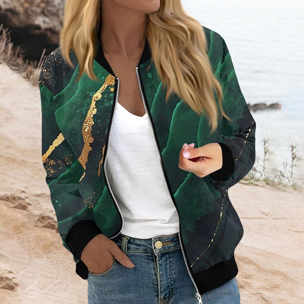 Женская мода повседневная куртка с градиентным принтом на молнии с карманами