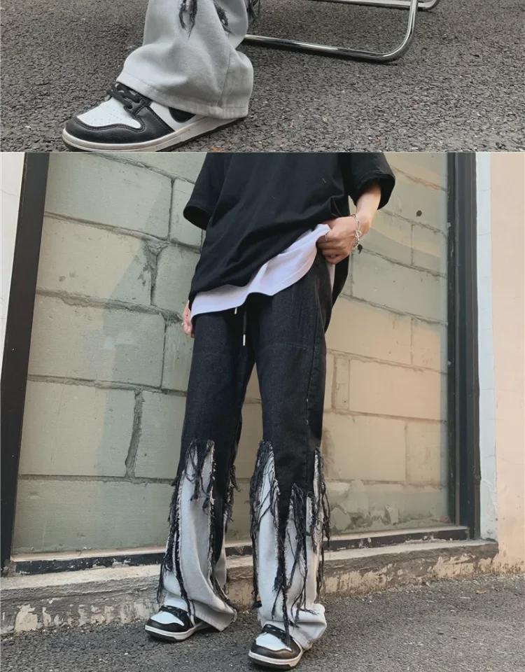 Американские хип-хоп-хай-стрит свободные широкие черные панк-джинсы с необработанными краями и потертостями