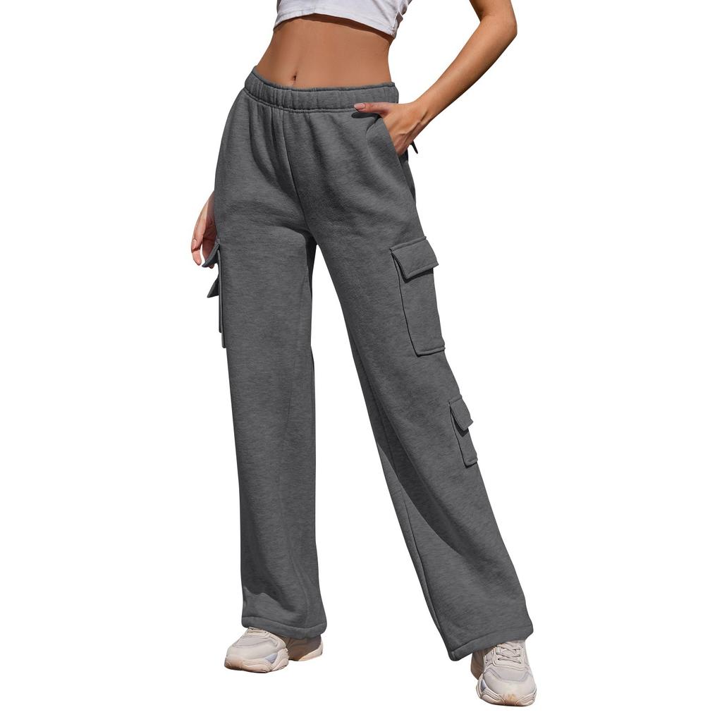 Women's Casual Fashion Solid Color Elastic Waist Drawstring Pockets Wide Leg Straight Pants