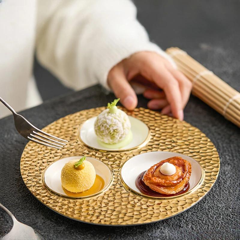 Creative Phnom Penh Ceramic Lattice Western Food Plate Household New Hotel Restaurant Wood Grain Dessert Plate Tableware