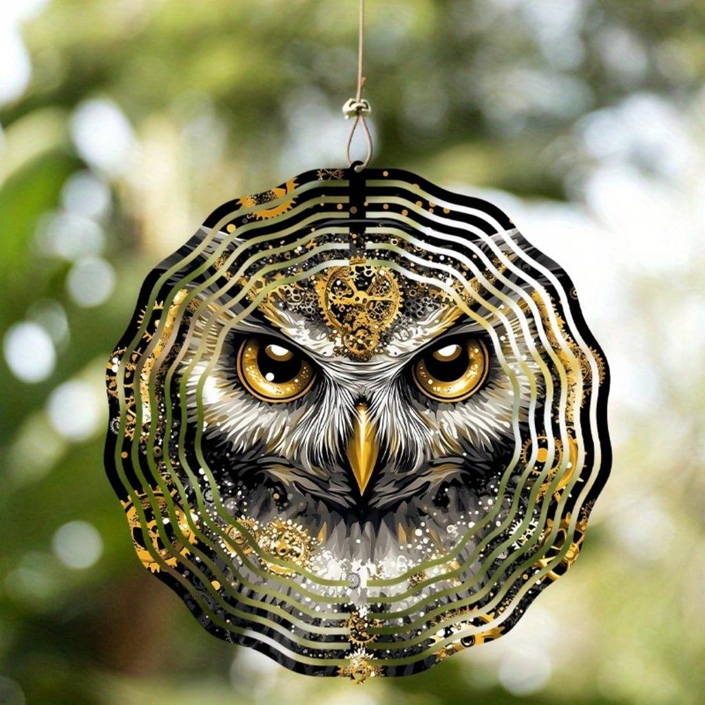 Elegant Owl Wind Spinner - Luxurious Golden & Black Metal Garden Sculpture, 2D Outdoor Decor with Intricate Feather Patterns, No Power Required