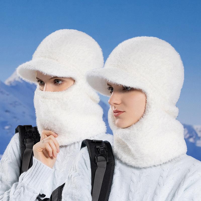 Winter Plush Hat Bib One-piece Knitted Hat Ladies Cycling Face Covering Ear Protection Warm Woolen Pullover Hat