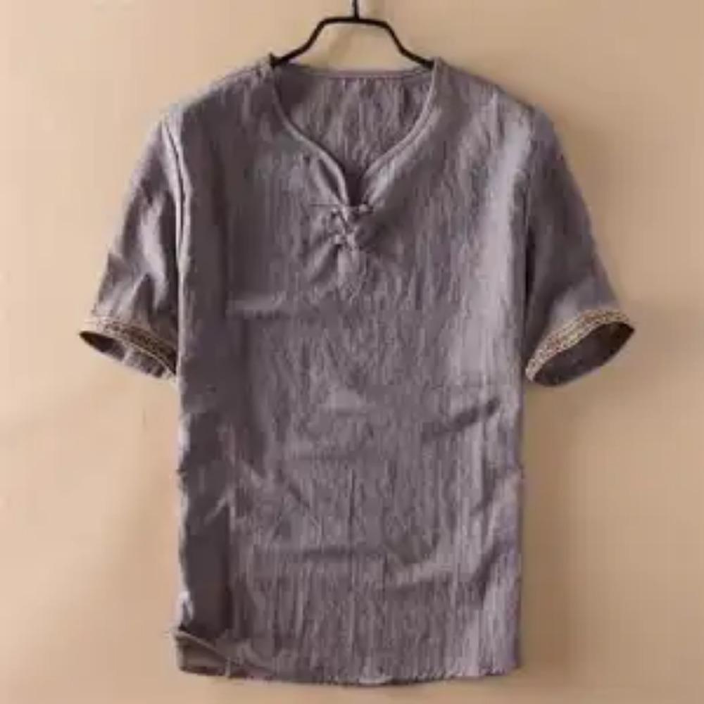 Мужская футболка в китайском стиле, винтажная, с принтом, из хлопка и льна, летняя, мужская, повседневная, с V-образным вырезом, с коротким рукавом, дышащая, топы, Ropa Hombre M-5XL