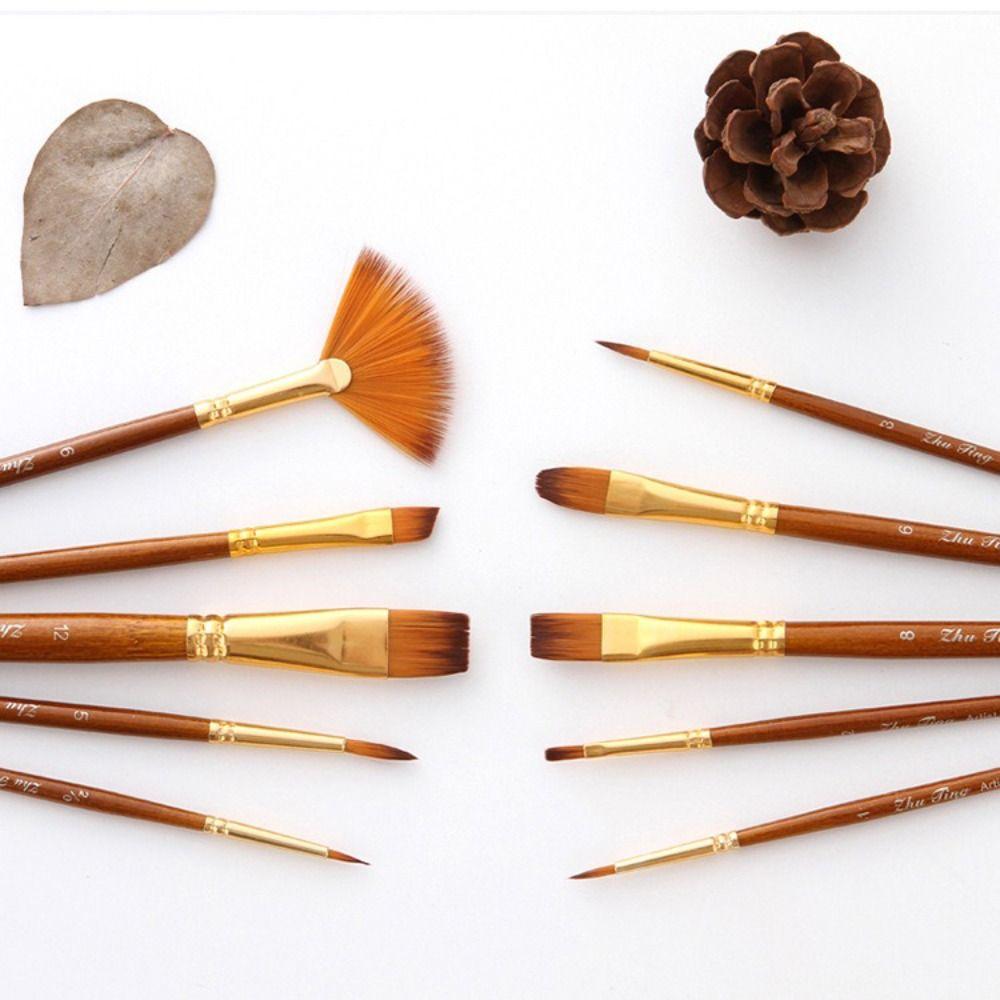 10Pcs/Set Wooden Pole Artist Paint Brushes Set Round Flat Angle Drawing Art Brush Oil Painting