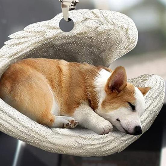 Собака спит в крыльях ангела, 2D плоское украшение, подвеска для зеркала заднего вида автомобиля, сувенир в память о питомце для рождественской елки, аксессуары для интерьера автомобиля