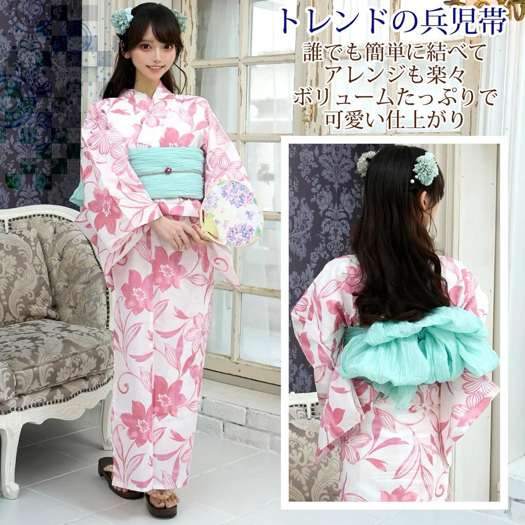 RAVIR Yukata Refreshing White Background with Watercolor and Soft Pink Floral Includes a Fluffy Obi Belt and One Size Fits All Women's 3-Piece Set