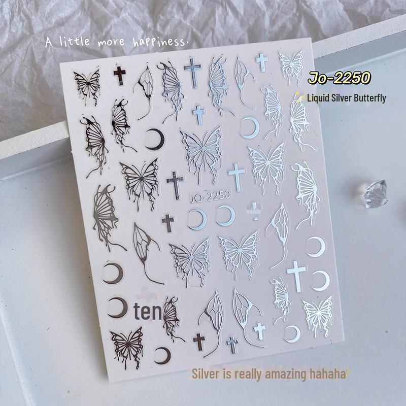Xiaohongshu DIY лазерные наклейки для ногтей, расписанные вручную: Черные, белые, золотые и серебряные крылья бабочки с клейкой основой.
