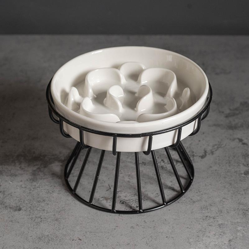 Elevated Ceramic Slow Feeder Bowl for Dogs Cats, Anti-Choking Maze Bowl with Iron Stand, Non-Slip Pet Food Bowl