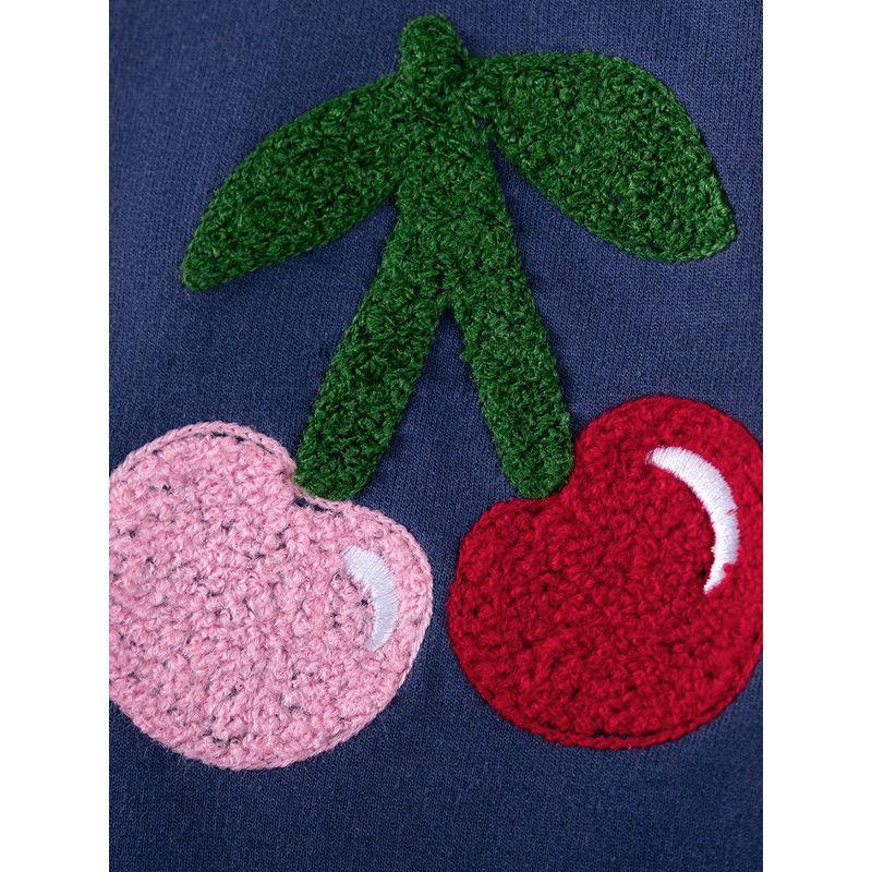 Платье для девочек Весна и Осень 2025 Новое Стильное Детское Темно-синее с Вишнями Средней Длины Повседневное Худи-Платье