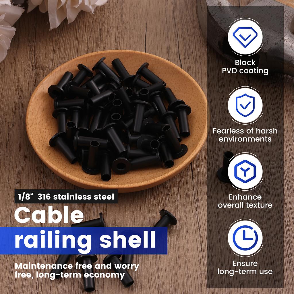 60 Pcs Black Stainless Steel Protector Sleeves Cable Railing Protector Sleeves Deck Cable Railing Protectors for 1/8 inch Decks