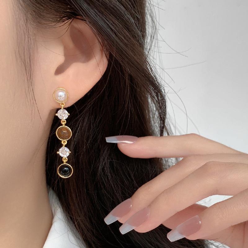 Длинные серьги с жемчугом и тигровым глазом: Новая Высококлассная Осенне-Зимняя Мода для Женщин